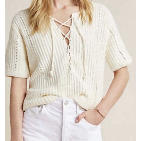 Anthropologie Tops - Anthropologie Cream Knit Lace-Up Long Tunic Short Sleeve Blouse 100% Cotton M